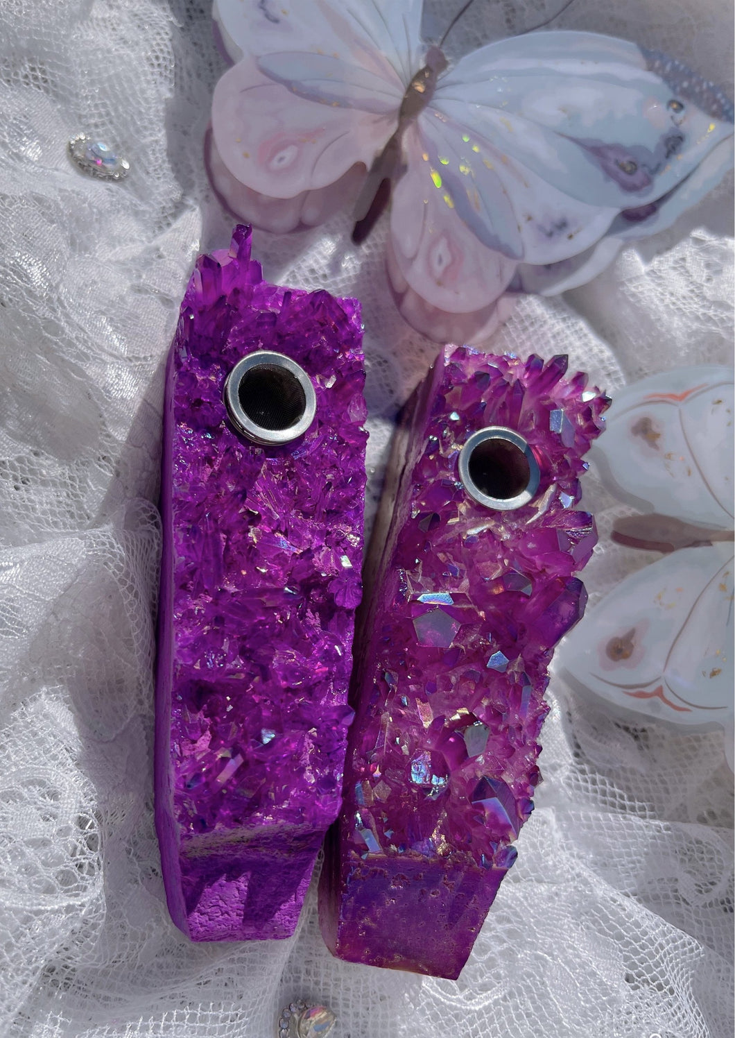 Violet Aura Quartz Crystal Gemstone Cluster Pipe